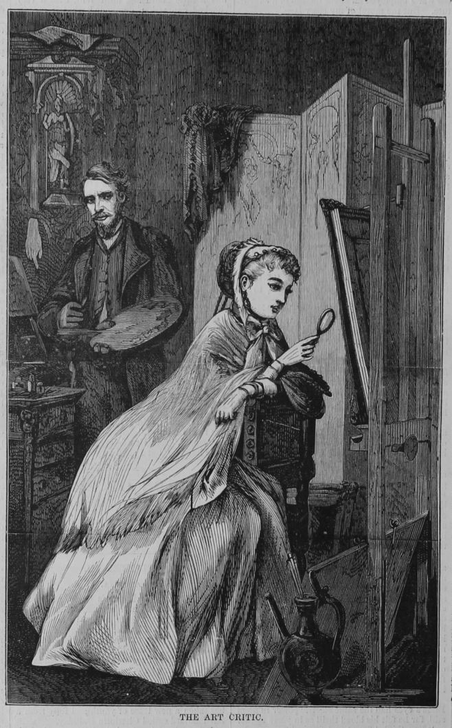 A black-and white engraving of a Victorian woman examining a painting with a magnifying glass in an art studio.